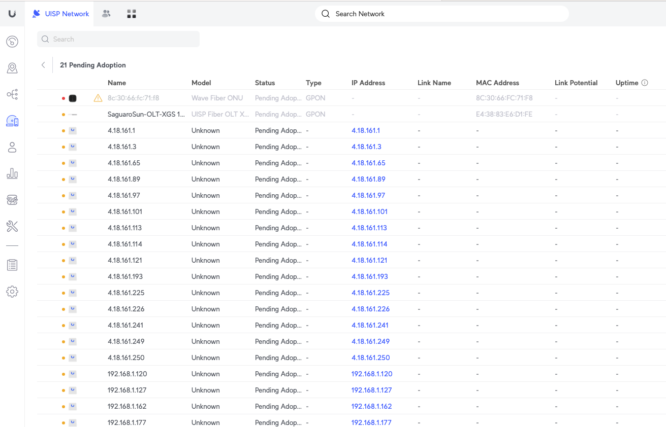 UISP Network — SaguaroSun-OLT-XGS with 21 pending adoption devices